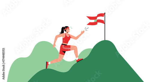 Athlete Climbing Mountain Towards Flag Illustrating Achievement And Overcoming Obstacles
