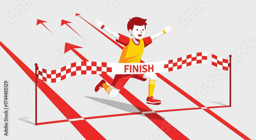 Athlete Crossing Finish Line Celebrating Victory With Winning Pose In Colorful Design