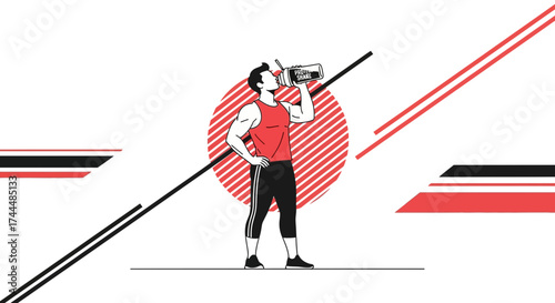 Athlete Consuming Protein Shake After Workout Against A Modern Geometric Background