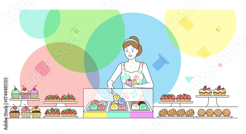 Bakery Shop With Delicious Desserts and Smiling Woman, Vector Illustration