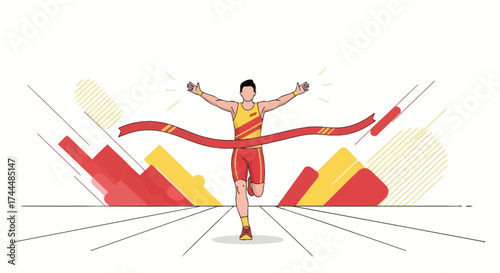 Athlete crossing the finish line and winning the marathon race with open arms