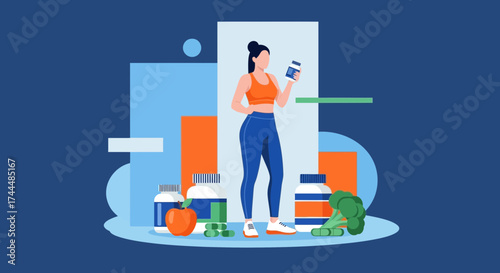 Athlete Examining Supplement Bottle in Vector Style Promoting Healthy Lifestyle Choices