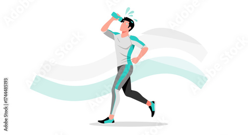 Athlete Hydrating During Run, Showing Vitality and Fitness, Sporty and Fresh Illustration