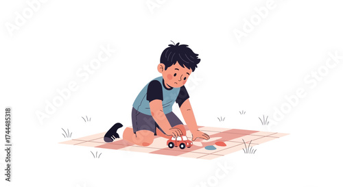 Boy Playing With Toy Car On A Checkered Blanket In A Playful Illustration
