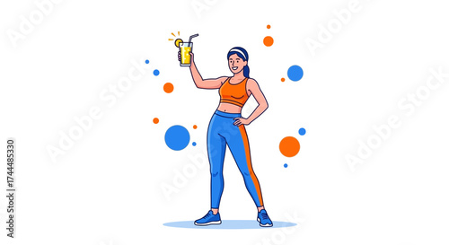 Athletic Woman Celebrating Her Healthy Lifestyle With Fresh Drink And Vibrant Outfit