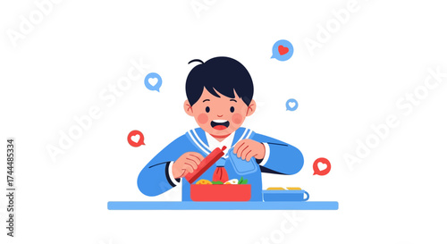 Boy Preparing A Lunchbox During School Break With Cheerful Expression And Iconography
