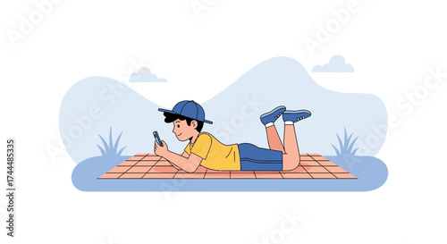 Boy lying on the grass with a phone vector illustration using a smartphone