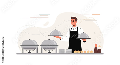 Attentive Waiter Holding Dishes with Food in Restaurant, Event Service Illustration Image