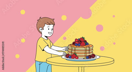 Boy Presenting A Pile Of Pancakes Decorated With Fresh Berries and Sauce In Vector Art