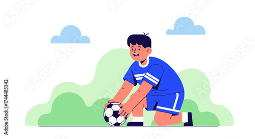 Boy Preparing To Play Soccer On A Field Of Green Ready For Game Action