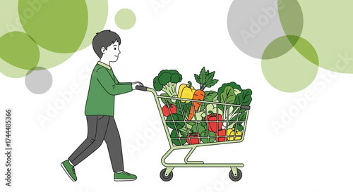 Boy Purchasing Fresh Vegetables in a Shopping Cart, Promoting Healthy Eating and Nutrition
