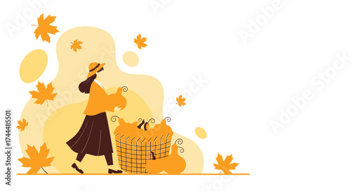 Autumnal Harvest Scene Featuring Figure Gathering Gourds and Golden Foliage in the Fall Season