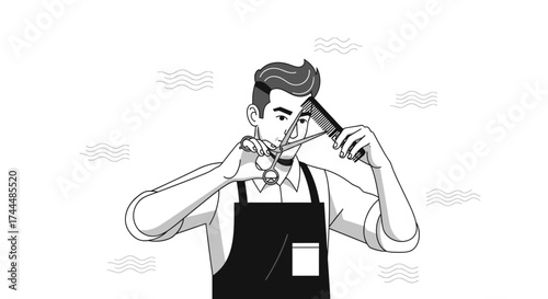 Barber Cutting Hair Illustration; Stylized Drawing of a Barber with Scissors and Comb