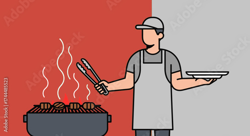 Barbecue Time: An Illustrated Scene of Grilling, Servers, and Leisure