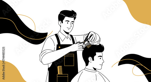 Barber Cutting Hair And Styling For Customer In Contemporary Minimalist Design