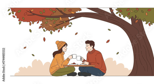 Autumnal Romance Underneath A Majestic Tree With Tea, Perfect For Fall Season