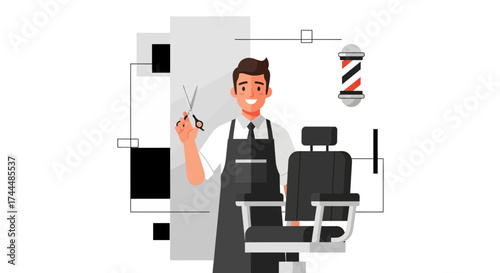 Barber Illustration With Scissors And Chair Ready to Create a Masterpiece
