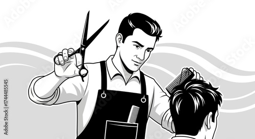 Barber Styling Hair: Engaging Imagery Depicting Haircut And Grooming Session, Vector Art