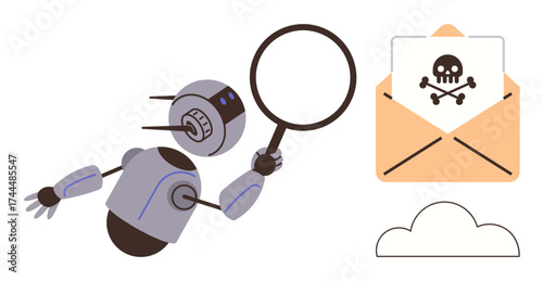 Robot scanning envelope with magnifying glass to uncover malware symbol. Ideal for cybersecurity, phishing detection, AI, data protection, online risk alert, digital crime prevention, simple flat