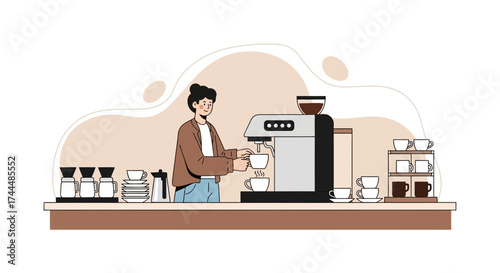 Barista Crafting Coffee: A Modern Flat Illustration Of A Coffee Shop Scene