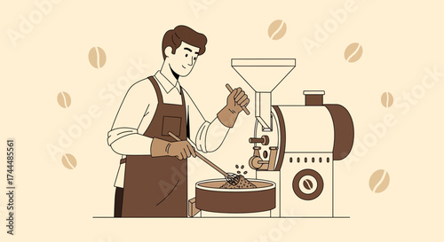 Barista Carefully Manually Roasting Coffee Beans Using Specialized Equipment In Warm Environment