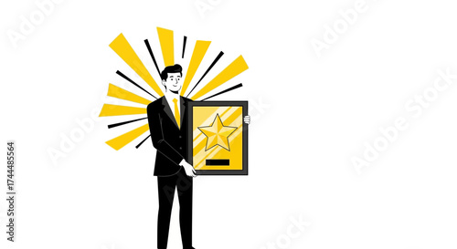 Award Announcement: A Professional Celebrating Success with Star Symbol and Flare