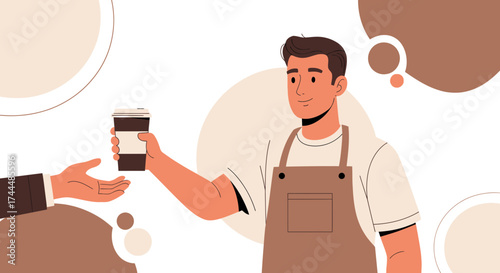 Barista handing coffee cup to customer, cafe worker serving coffee at a coffee shop
