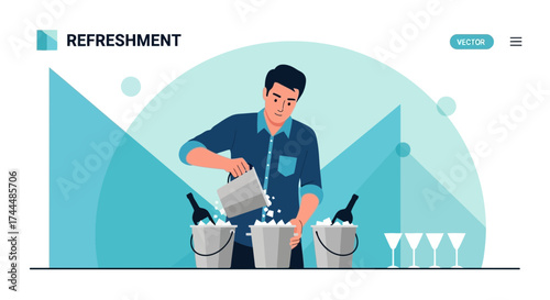 Bartender Adding Ice To Buckets Before Serving Beverages, Abstract Modern Illustration