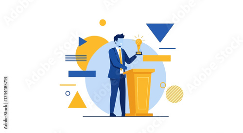 Award Ceremony Illustration Featuring Businessman Receiving Trophy And Presenting On Stage