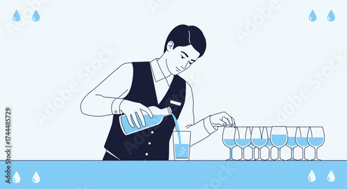 Bartender Artfully Pouring Water Into Glasses, Creating A Refreshing Visual Illustration