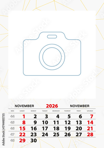 Wall calendar planner template for November 2026, week starts on sunday.
