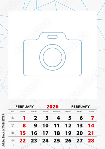 Wall calendar planner template for February 2026, week starts on sunday.