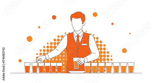 Bartender Assisting Alcoholic Beverages Service At The Bar, Orange Tone Vector