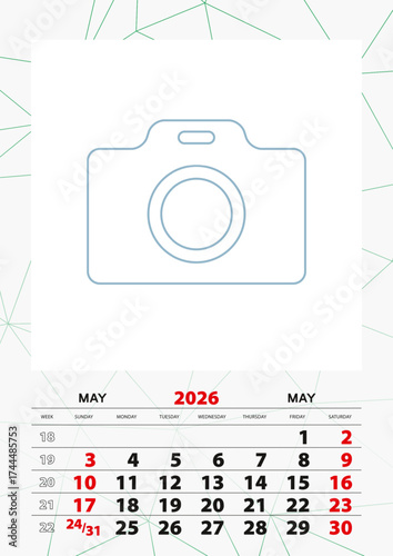 Wall calendar planner template for May 2026, week starts on sunday.