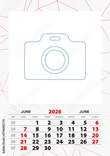 Wall calendar planner template for June 2026, week starts on sunday.