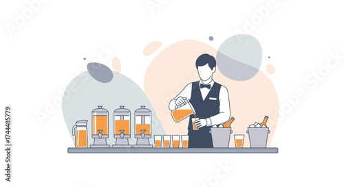Bartender pouring juice into a glass in a minimalist and modern illustration