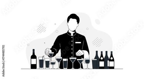 Bartender Prepares Drinks With Elegant Glasses And Various Bottles On Display For Service
