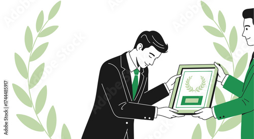 Awarding Recognition With Laurel Wreath On A Framed Document In A Sophisticated Ceremony