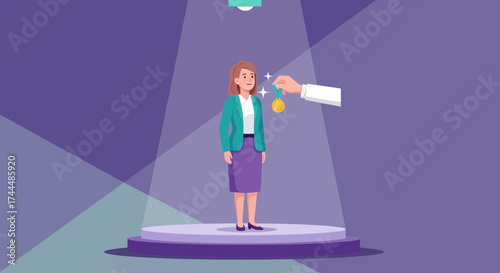 Awarding A Winner: A Businesswoman Receiving Medal On A Lit Stage For Achievement
