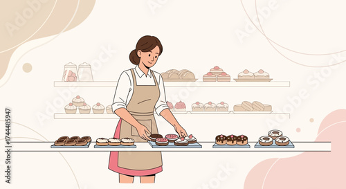 Baker Admiring Delicious Doughnuts And Cakes, Perfect For A Sweet Treat Dessert
