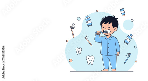 Boy Brushing Teeth Illustration: Dental Care Cartoon Depicting Oral Hygiene Routine