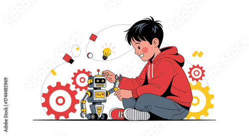 Boy building a robot, illustration of robotics, and engineering project
