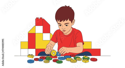 Boy Building with Colorful Blocks, Engaging in Creative Construction and Playtime Fun