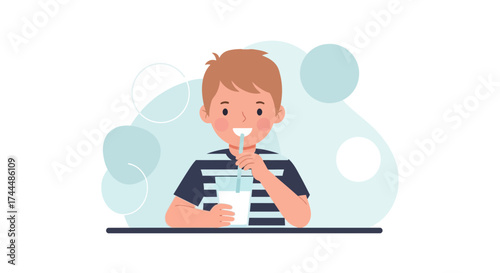 Boy Drinking Milk Illustrated with Friendly Cartoon, Smiling and Enjoying Drink