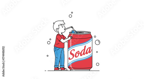 Boy Drinking Soda From A Can, Simple Graphic Illustration Style, Refreshing Beverage.