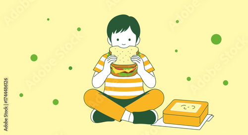 Boy Eating Delicious Sandwich Sitting With Lunchbox Against Yellow Background Illustration