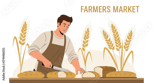 Baker Slicing Fresh Loaf of Bread at Farmers Market Illustration Scene