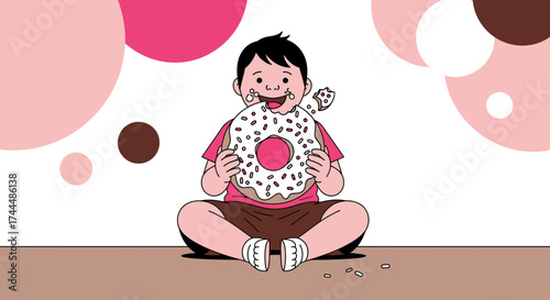 Boy Eating Donut, Graphic Illustration of Child Enjoying Sweet Treat, Simple Design