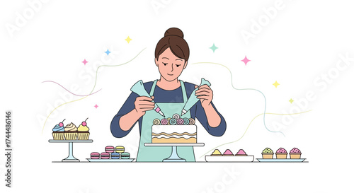 Baker's Delight: Illustrative Artistry of Cake Decoration with Colorful Details
