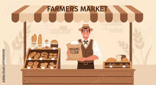 Bakers Presenting and Selling the Delicious Organic Bread in a Local Farmers Market Scene